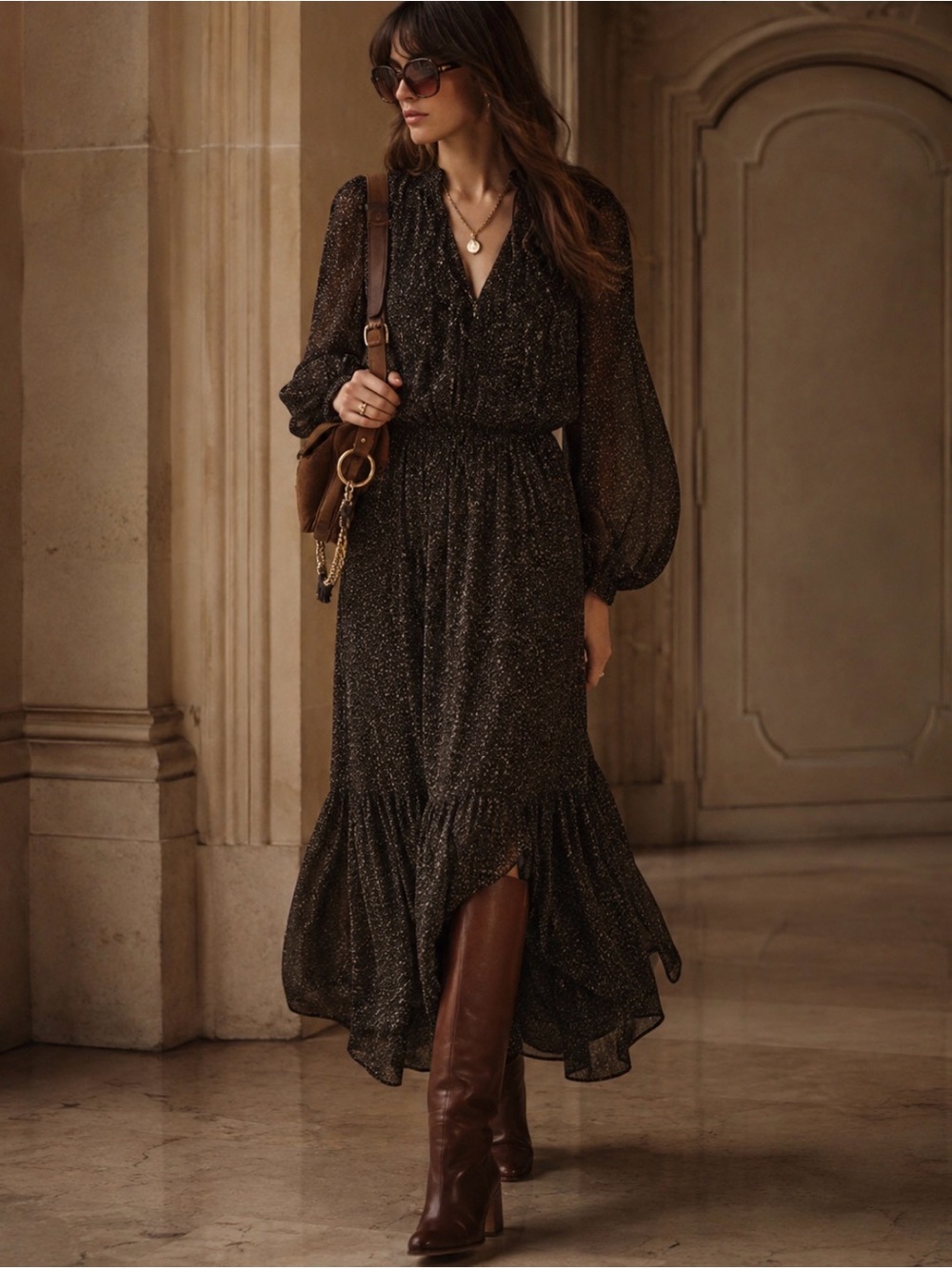 Joie, sheer, 100% silk, Black Long Sleeve Dress with Subtle Pattern